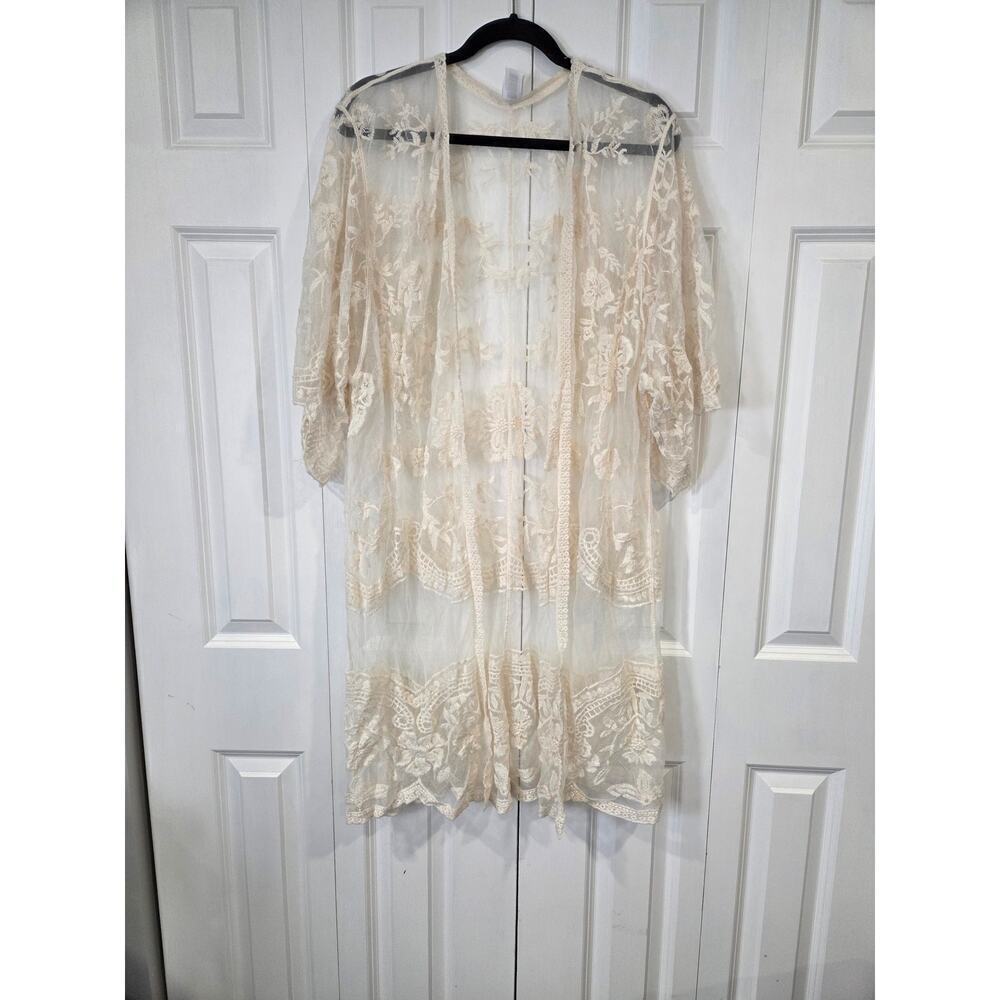 Floral Crochet Lace Cardigan for Women Beach Cover Ups Dress Kimono Cream S/M
